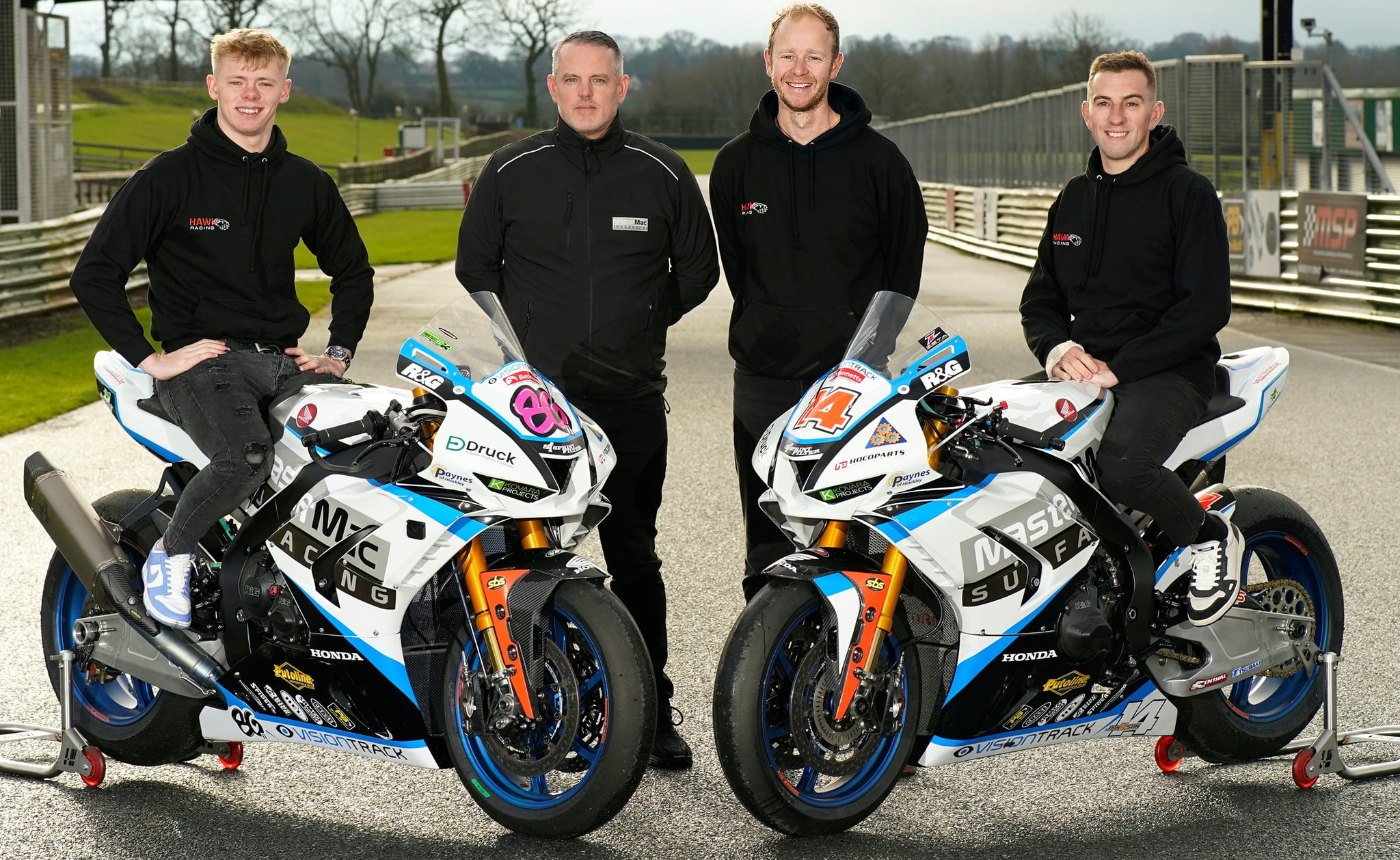 BSB, British Superbike Championship, HAWK Honda. Mallory Park, Leicestershire, 16th December 2023. Charlie Nesbitt, GBR, Hawk Racing, Honda CBR1000RR-R, Steve Hicken, Master Mac Surfacing Sponsor Roger James, Lee Jackson, GBR, Hawk Racing, Honda CBR1000RR-R